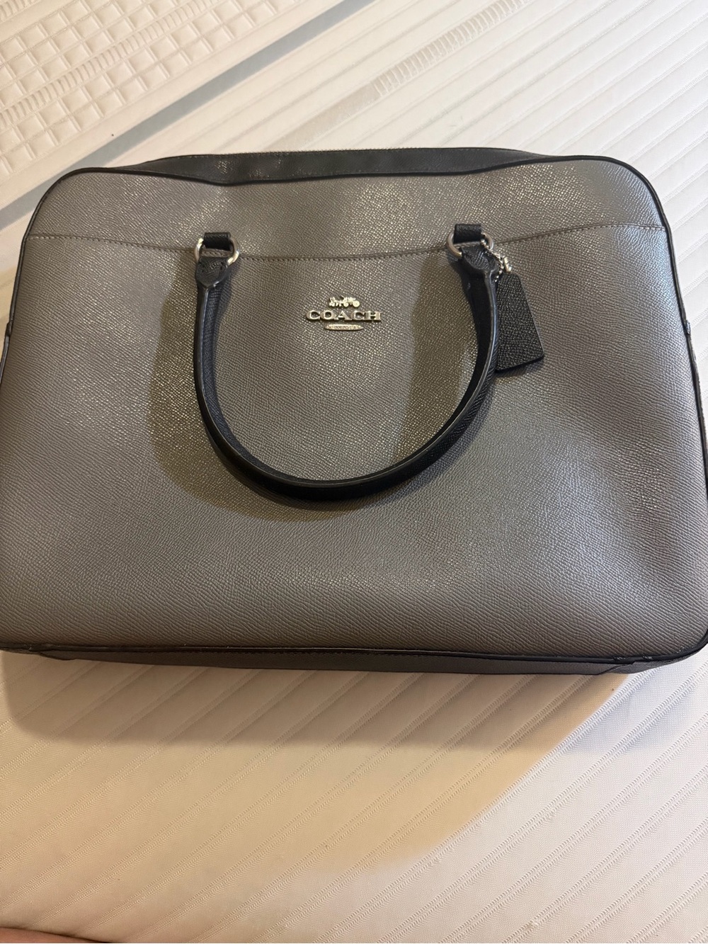 Coach Gray Leather Laptop Satchel with Black Handles